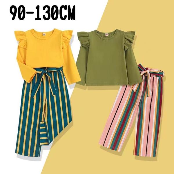 新生活 気楽 2点セット 上下セット フリルシャツ パンツ リボン セット ベビー 上着 長袖 90-130CM 長袖 女の子 女児 ズボン パンツ ボトムス ...