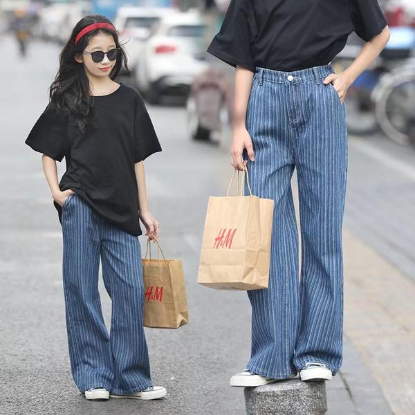 新生活 気楽 130-170 ストライブデニム ワイドパンツ 女の子 デニム ストライブ柄 カジュアル ロング丈 おしゃれ ズボン ボトムス 長ズボン
