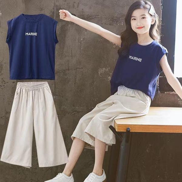 新生活 気楽 ネイビーセット 夏 2点セット 子供服 セットアップ キッズ 女の子 上下セット Tシャツ 無地 ノースリーブ ロングパンツ サロペット ジュニア...