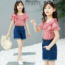 新生活 気楽 子供服 夏服 上下セット 女の子 ジュニア レッド2点セット 人気 シャツ ホットパンツ デニム チェック柄 デニムセット ショートパンツセット ...