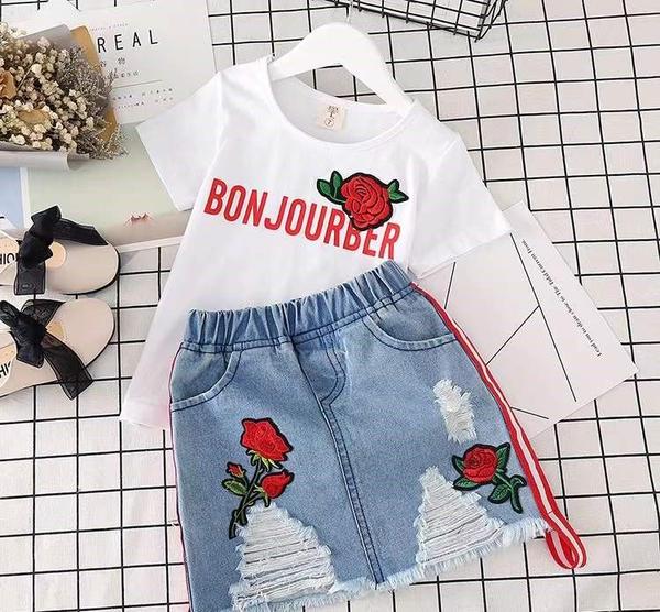 新生活 気楽 子供服 セットアップ 100 110 120 130 140 女の子 半袖 春夏 2点セット tシャツ デニム 上下セット デニムスカート ショー...