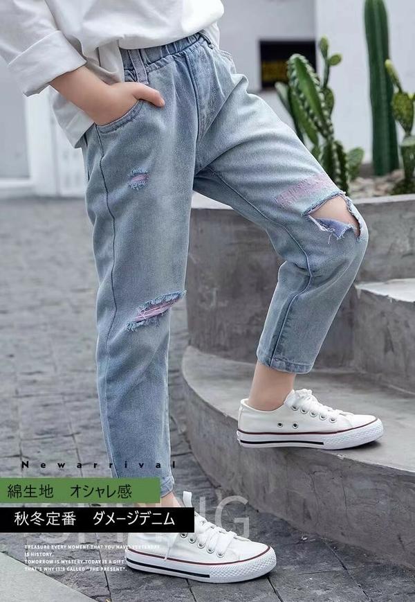 新生活 気楽 ダメージ デニム パンツ ストレート ジーンズ 子供 ボトムス ジーパン カジュアル ベーシック キッズ 子供服 キッズ ジュニア 女の子ファッシ...