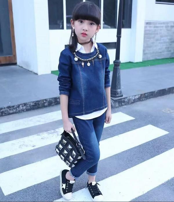 新生活 気楽 韓国子供服 デニムセット 女の子春秋 デニム 3点セット 長袖 トップス + シャツ+パンツ 上下 セットアップ 女児 レジャー お洒落 ロングパ...