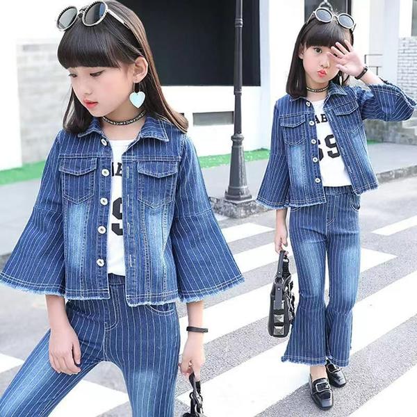 新生活 気楽 デニムセット 子供服 女の子 秋冬着 2点セット 長袖トップス パンツ 上下セットアップ 女児 レジャー お洒落 ロングパンツ 個性 パンツセット...