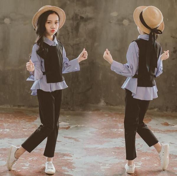 新生活 気楽 子供服 春秋着 女の子 3点セットおしゃれ 長袖 ベスト&シャツ&ロングパンツ キッズ 欧米風 上下セットアップ 学生服 ジュニア 女の子 ボーダ...