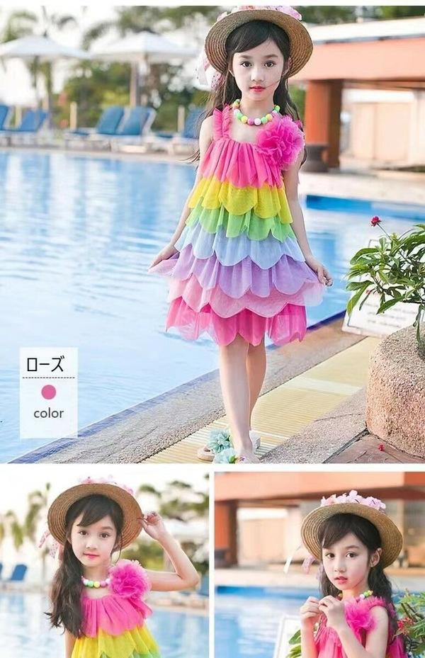 新生活 気楽 夏着 こども服 子供服 2色 レインボー 袖なしワンピース ガータースカート 可愛いスタイル 学生 お姫様ドレス 女の子 ビーチスカート ダンスワ...