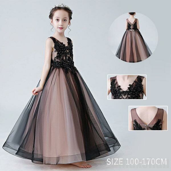 新生活 気楽 女の子 ドレス キッズ ロングドレスチュール お姫様ドレス レーススカート パーティードレス ノースリーブ vネック レース パーティー チュール...