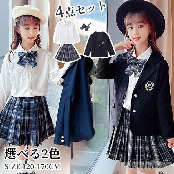 新生活 気楽 スーツ 女の子 子供スーツ フォーマルスーツ 4点セット ジャケット スリーブスカート Yシャツ 蝶ネクタイ キッズ ジュニアスーツ 女児 子供用...