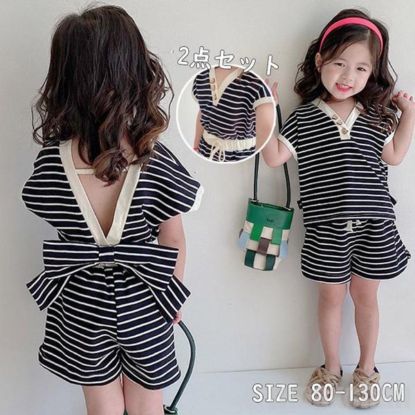 新生活 気楽 キッズ セットアップ 2点上下セット 半袖 ショートパンツ 女の子 セパレート ハーフパンツ 半袖tシャツ Vネック tシャツ リボン付き 発表会...