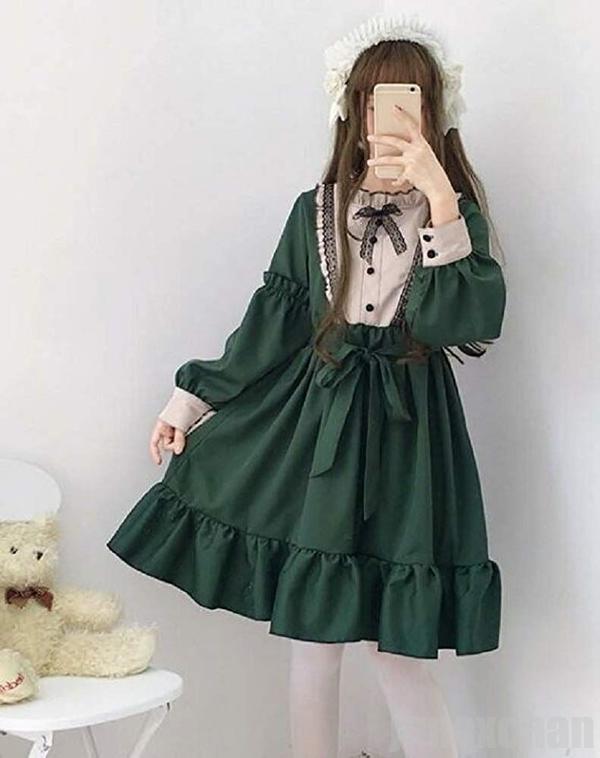 新生活 気楽 グリーン ワンピース フリーサイズ ロリータ コスプレ メイド ドレス レース 可愛い 長袖 リボン 衣装 演出服 レディース 二次元衣装 美少女ウェア