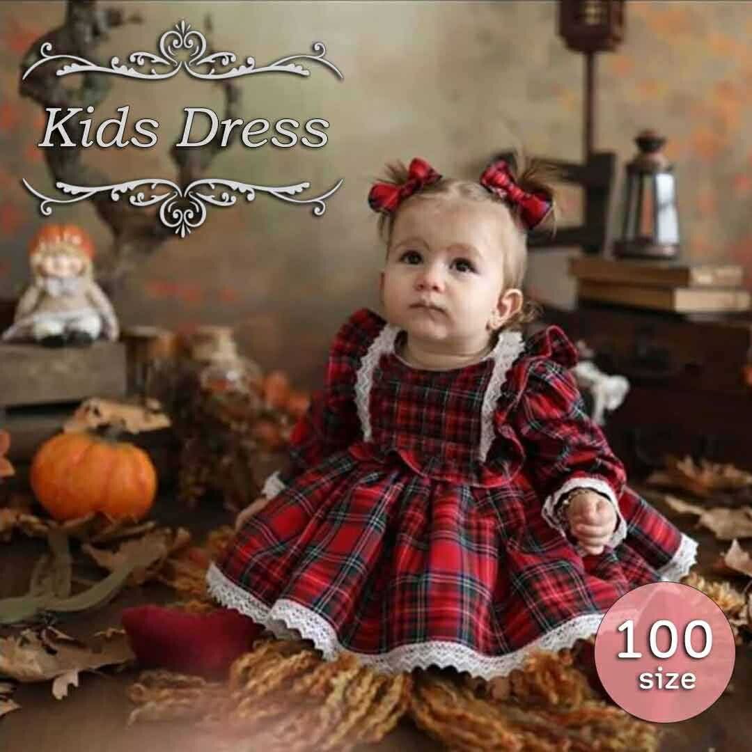 新生活 気楽 クリスマス 女の子 ワンピース ドレス 3歳〜4歳 チェック柄 リボン 子供ドレス ガールズ キッズ 発表会 結婚式 子供服 女の子 サンタ フォ...