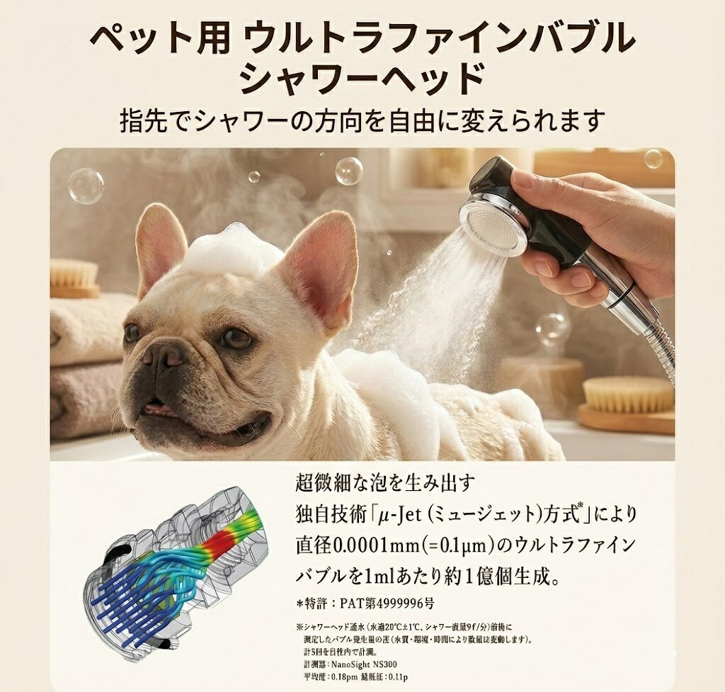 ペット用　ウルトラファインバブル シャワーヘッド カンタンに水方向調整ができてペットシャンプーがとてもはかどります！