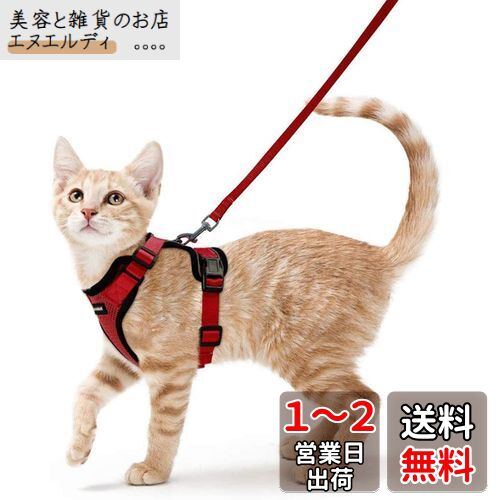 Rabbitgoo 猫 ハーネス リード セット 抜けない 猫用ハーネス ソフト軽量 夜反射 通気メッシュ 散歩用 りーど はーねす 足を上げず装着完成 サイズ調節可 咳込み防止 猫胴輪 くびわ ベスト パグ ネコねこ子猫 散歩ひも（レッド S）