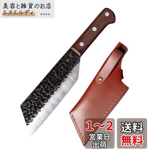 Irai Utaki アウトドアナイフ 薪割り 鉈 14cm 槌目紋様 ナタ 腰鉈 両刃 ナイフ フルタング 薪割 バドニング 釣り 登山 キャンプ 革シース付