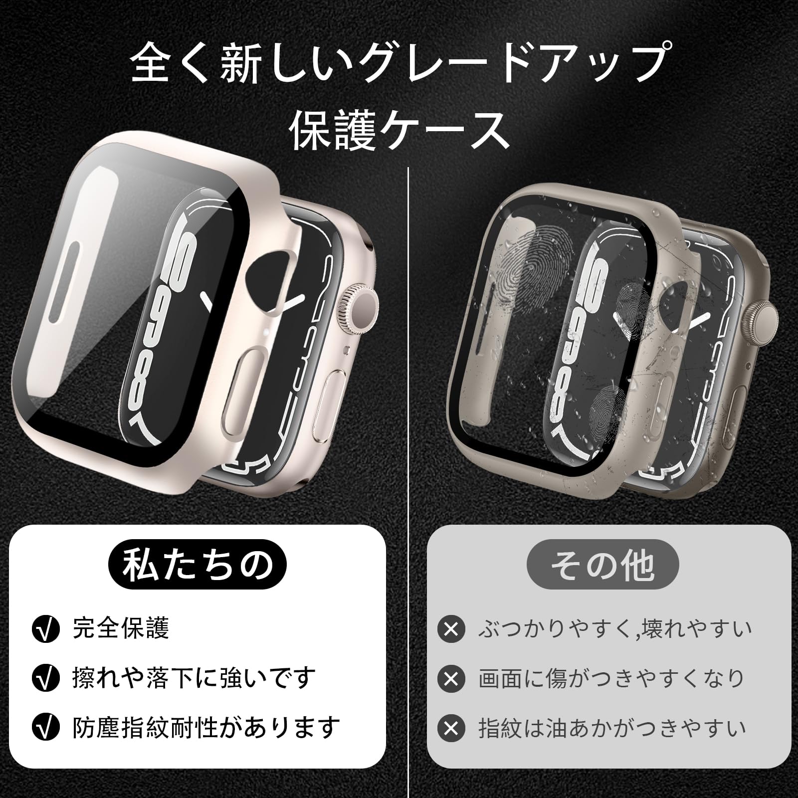 【2024改良ケース】YUGYUG 対応 Apple Watch ケース 49mm アップルウォッチ ケース 49mm PC素材 防水ケース アップルウォッチウルトラ2/ウルトラ ケース 日本旭硝子材 二重構造 Apple Watch Ultra2/Ultra ケース 全面保護 強化ガラス キズ防止(49mm,スターライト)