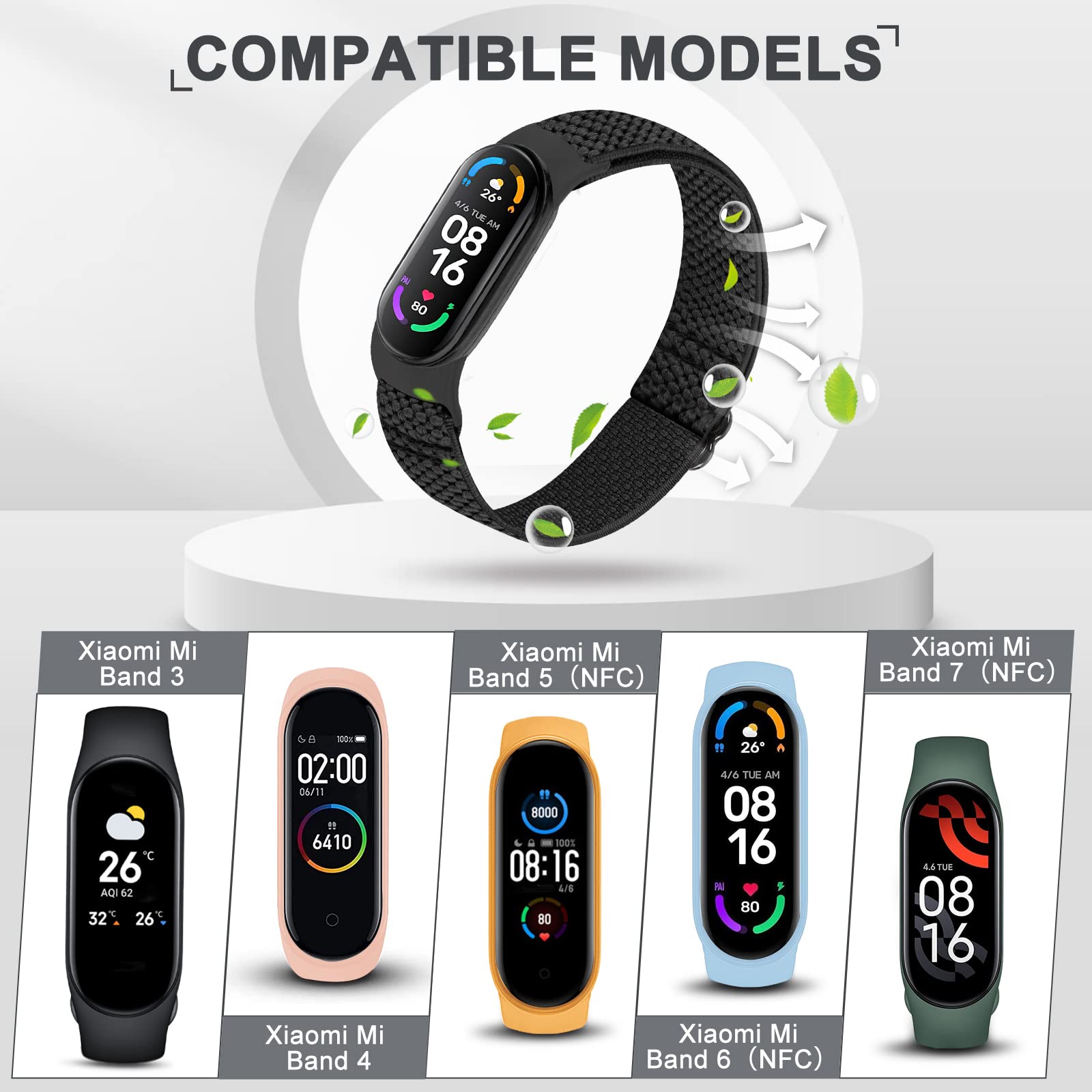 [Huamanlou] コンパチブル Xiaomi Mi Band 7/6/5 バンド 、弾性スポーツ 柔らかく快適で通気性の良い無段階で長さ調節ナイロンループ換えバンド3 Pack