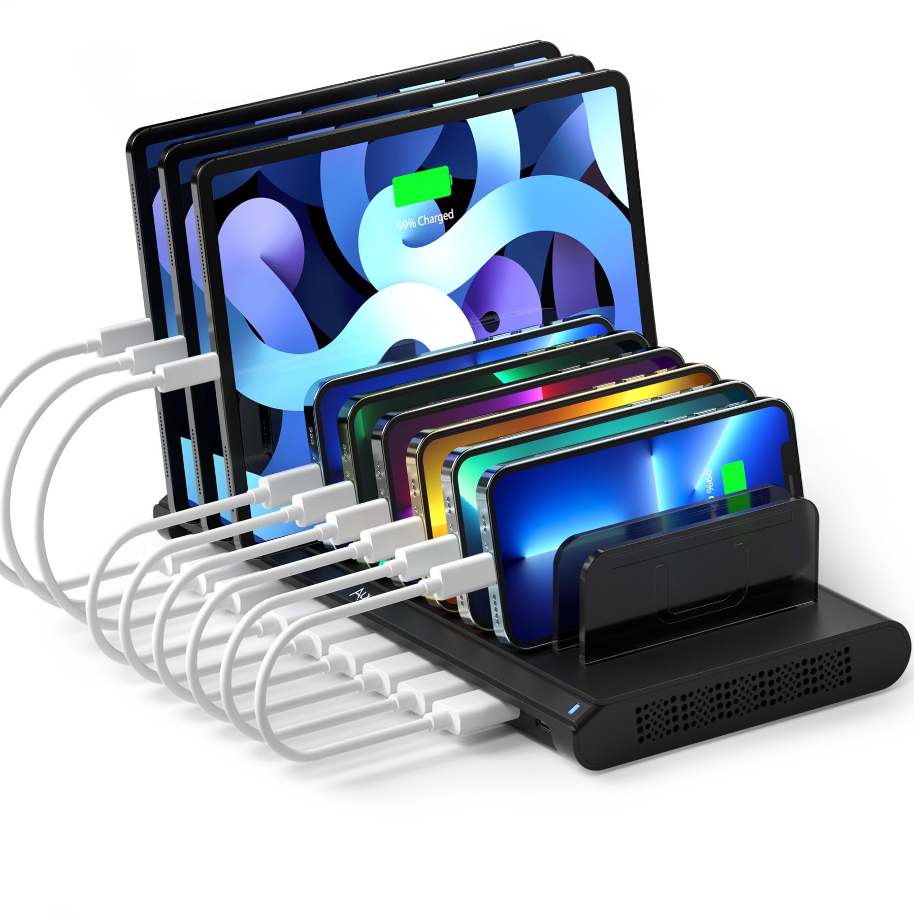 Alxum 120W USB 充電ステーション 10ポート(2*QC3.0 + 1*USB-C+7*USB-A) PSE認証済 スマートIC内蔵 5V 3A 10台同時充電 複数 仕切り板調整可能 ipad/スマホ/Android/iPhone/iPad/kindle/タブレット/PSP対応 黒-充電ケーブルは含まれていません