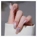 ALLMIRA ネイルチップ ロング 24枚入 ピンク 成人式 冬 韓国 つけ爪 青 長さだし おしゃれ 人気 つけづめ キラキラ 付け爪 シンプル 青系(薄青氷透蝶)