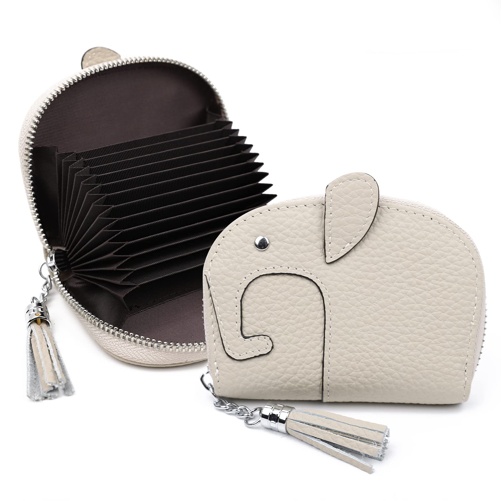 [imeetu] カードケース クレジットカードケース じゃばら 小銭入れ付き 可愛いゾウ 象 薄型 スリム 軽量 大容量 12枚収納 牛本革 キャラクター レディース メンズ スキミング 磁気防止 無地（象牙色）