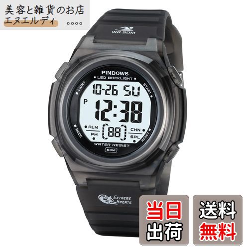PINDOWS 女性用腕時計、デジタルスポーツウォッチ、50m防水、LEDバックライトリストウォッチ（アラーム..