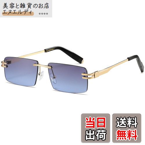 [SHEEN KELLY] 男性用レトロリムレスサングラス女性用長方形超小型フレームサングラスシースルーレンズ..