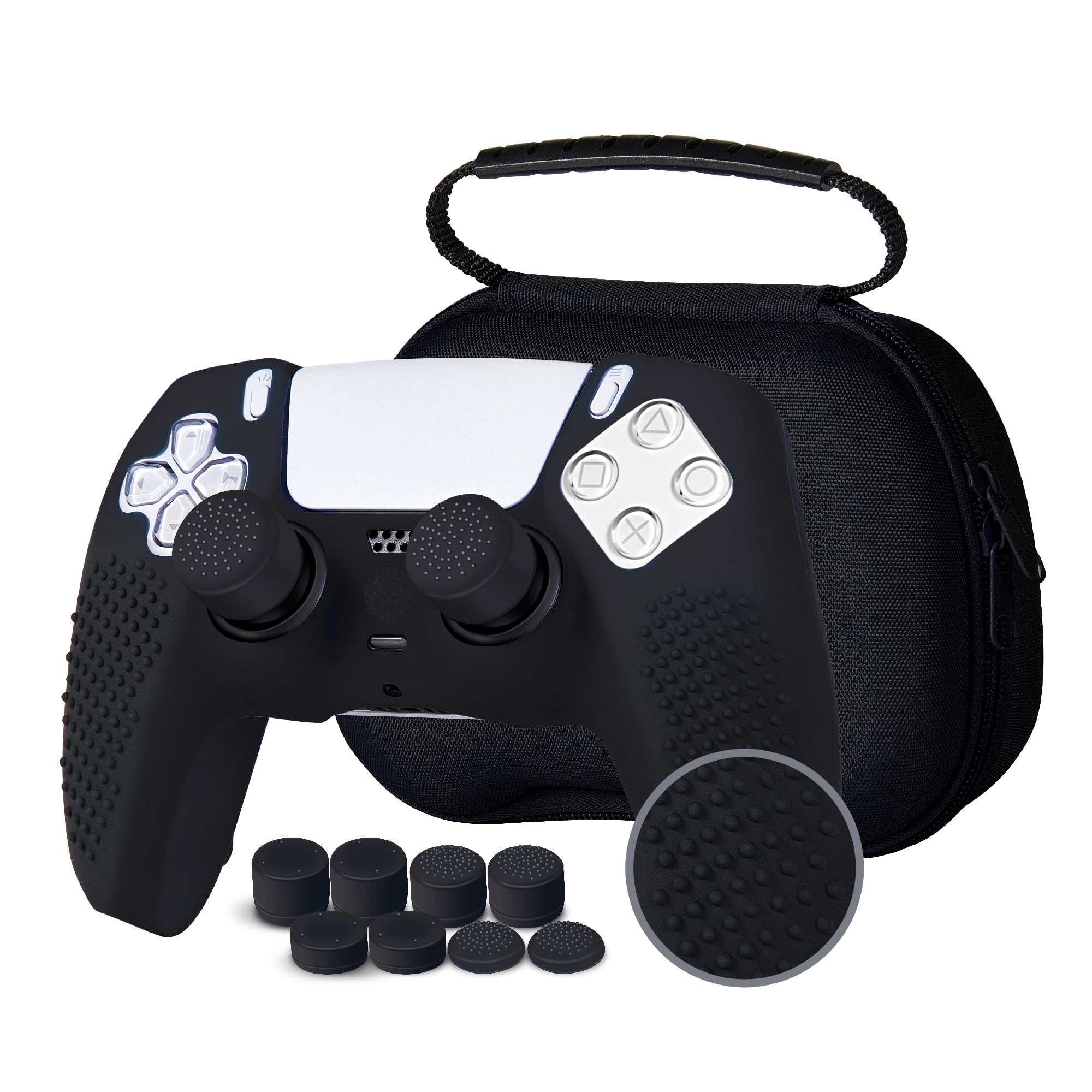 JYXETOV PS5 コントローラー カバー + 収納バッグ(27オプション)、無料の8ボタンキャップ、シリコーン保護、オリジナルの充電器で充電できます、滑り止めデザイン、両面印刷パターンに適しています