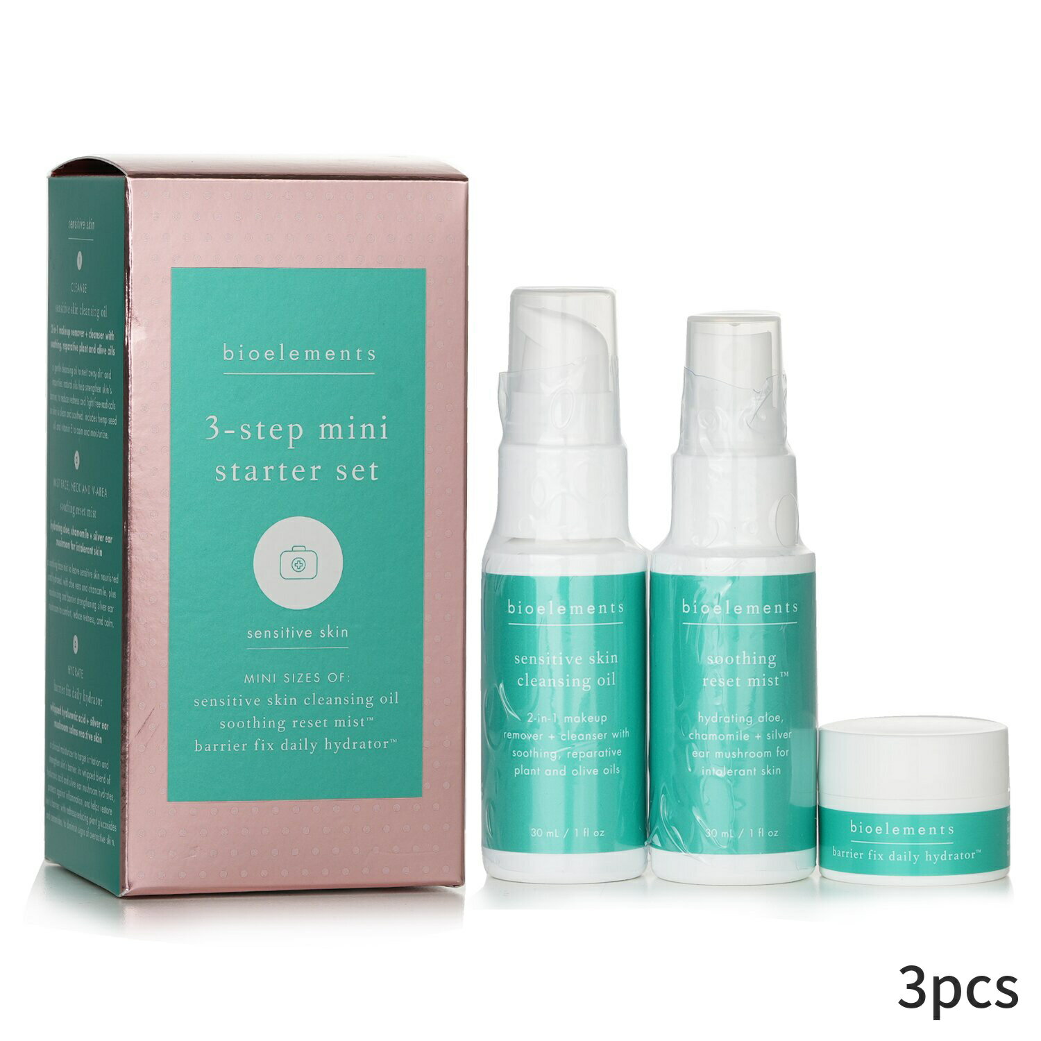 バイオエレメンツ セット＆コフレ Bioelements ギフトセット 3-Step Mini Starter Set : Sensitive Skin Cleansing Oil 30ml + Soothing Reset Mist Barrier Fix Daily Hydrator 7.5ml 3pcs レディース スキンケア 女性用 基礎化粧品 スキンケアセット