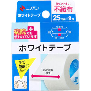 商品説明・仕様 医療補助テープのスタンダード！ ・ガーゼや包帯止めに。 ・汎用性があり使いやすい。 ・高透湿性でムレが少ない。 しなやかな紙タイプの不織布(ふしょくふ)にアクリル系粘着剤を塗布したテープです。 病院でもガーゼ固定などに広く使われています。 【用途】・ガーゼや包帯の固定に 【使用上の注意】 ・皮ふを清潔にし、よく乾かしてからご使用ください。 ・キズぐちには直接貼らないでください。 ・皮ふ刺激の原因となりますので、引っ張らずに、貼ってください。 ・本品の使用により発疹、発赤、かゆみ等が生じた場合は使用を中止し、医師又は薬剤師に相談してください。 ・皮ふを傷めることがありますので、はがす時は、体毛の流れに沿ってゆっくりはがしてください。 【保管上の注意】 ・小児の手のとどかない所に保管してください。 ・直射日光をさけ、なるべく湿気の少ない涼しい所に保管してください。 内容量：25mm×9m×1個 製造国：日本 発売元：ニチバン 広告文責（有）テクノウエア TEL 06-4307-6393 ※パッケージデザイン・仕様は予告なく変更することがあります。