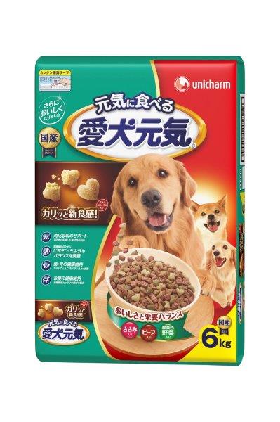 商品説明・仕様 可愛らしいハート粒入り良質なタンパク質やカルシウムなど必要な栄養がバランス良くとれる総合栄養食。 健康維持のために、ビタミン・ミネラルをバランスよく調整。 内容量：6kg 原材料：穀類(トウモロコシ、小麦粉、コーングルテンミール、フスマ、パン粉、コーングルテンフィード等)、肉類(チキンミール、チキンエキス、ササミパウダー、ビーフパウダー等)、動物性油脂、豆類(脱脂大豆、大豆エキス)、野菜類(ビートパルプ、ニンジンパウダー、カボチャパウダー、ホウレンソウパウダー)、フィッシュミール、ビール酵母、チーズパウダー、ミネラル類(カルシウム、塩素、コバルト、銅、鉄、ヨウ素、カリウム、マンガン、ナトリウム、リン、亜鉛)、ビタミン類(A、B1、B2、B6、B12、C、D、E、K、コリン、ナイアシン、パントテン酸、ビオチン、葉酸)、着色料(赤色102号、赤色106号、黄色4号、黄色5号、青色1号)、酸化防止剤(ミックストコフェロール、ハーブエキス)、ミルクカルシウム　 【保障成分】タンパク質23.0%以上、脂質10.0%以上、粗繊維4.5%以下、粗灰分8.5%以下、水分10.0%以下　 【エネルギー】約360kcal 製造国：日本 発売元：ユニ・チャーム 株式会社 広告文責（有）テクノウエア TEL 06-4307-6393 ※パッケージデザイン・仕様は予告なく変更することがあります。