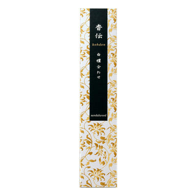 商品説明・仕様 白檀を中心に、よもぎと生姜(しょうが)を合わせた、爽やかさとやわらかさをもつ香りです。 燃焼時間：約30分 スリーブ式のしっかりとした箱に、重厚感のある香立てと、香伝の能書が入っています。 使用方法：お香の先端に火をつけ煙をくゆらせてください。 内容量：40本 お香サイズ：約140mm 原材料：タブ粉、香料 注意事項●火の取り扱いには十分ご注意ください。●お子様の手の届かないところでご使用ください。●お香を焚く際は、灰を受けるのに十分な大きさの不燃性の容器を下に敷いてお使いください。 製造国：日本 発売元：株式会社日本香堂 広告文責（有）テクノウエア TEL 06-4307-6393 ※パッケージデザイン・仕様は予告なく変更することがあります。