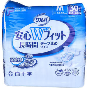 商品説明・仕様 二層の吸収体。 Wフィット構造がすき間を埋めてモレをしっかりブロック！ ●お肌ケアを考えたpHコントロールパルプ。 弱酸性のpHコントロールパルプを採用することで、抗菌・消臭効果を発揮します。 ●止める順番を間違えない「あてナビテープ」。 下のテープ(青色)を斜め上方向に止めてから、上のテープ(白色)を止めることで、フィットしてモレにくくなります。 ●装着の目印にセンターライン。 ●何度でもつけはずしできる面ファスナーテープ。 ●ムレを防ぐ全面通気シート。 ●気になる臭いも安心(アンモニア臭に対して)吸水ポリマー。 ●せきとめてモレを防ぐモレストップギャザー。 【医療費控除対象品】 【品名】大人用紙おむつ 【適用】ヒップサイズ70～95cm 【素材】 表面材：ポリオレフィン／ポリエステル不織布、ポリオレフィン系不織布 吸水材：綿状パルプ、高分子吸水材、吸水紙 防水材：ポリエチレンフィルム、ポリオレフィン系不織布 止着材：ポリオレフィン、ポリエステル 伸縮材：ポリウレタン、ポリオレフィン等 結合材：スチレン系合成樹脂等 【使用後の処理】 ・紙おむつに付着した大便はトイレに始末してください。 ・汚れた部分を内側にして丸めて、不衛生にならないように処理してください。 ・トイレに紙おむつを捨てないでください。 ・使用後の紙おむつの廃棄方法はお住まいの地域のルールに従ってください。 ・外出時に使った紙おむつは持ち帰りましょう。 【注意】 ・肌着をおむつの中に入れないでください。 ・おむつが汚れていなくても使ったら毎日取りかえましょう。 ・洗濯はできません。 ・温度の高い所や水に濡れやすい場所には保管しないように気をつけてください。 ・肌に残った大便はキレイに拭き取ってください。 ・お出掛けの際は処理袋をご持参ください。 ・肌に合わない方は使用を中止してください。 ★使用上の注意 ・汚れた紙おむつは早くとりかえてください。 ・テープは直接お肌につけないでください。 ・誤って口に入れたり、のどにつまらせることのないよう保管場所に注意し、使用後はすぐに処理してください。 ★保管上の注意 ・開封後は、ほこりや虫が入り込まないよう、衛生的に保管してください。 内容量：30枚入 製造国：日本 発売元：白十字株式会社 広告文責（有）テクノウエア TEL 06-4307-6393 ※パッケージデザイン・仕様は予告なく変更することがあります。関 連 商 品 手摺り・カーペット付玄関台90cmタイプ 【便利グッズ　手すり　介護　 SN2】お助けハンド　ロング　【介護用品 介護グッズ　便利グッズ】