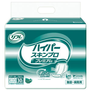 商品説明・仕様 すばやく尿を引き込む表面シートが排尿後すぐにパッド表面をさらさらにするので排尿時の不快感を軽減します。 ●逆戻りを防いでべたつかない。 独自の吸収体が尿をしっかり吸収して逆戻りを防ぐので、べたつきを軽減しさらさら快適が続きます。 ●しっかり立ち上がりソケイ部へフィット。 強力フィットギャザーでコツいらず！誰でも簡単にあてやすく横モレを防ぎます。 ●パッドの表面に弱酸性素材を採用。 パッドの表面を素肌と同じ弱酸性に保つので、長時間使用しても安心です。 ●ムレ軽減でお肌にやさしい。透湿タイプ。 ●あてやすい。 体の中心にあわせやすいセンターライン入り。 ※この商品にズレ止めテープはありません。 ●男女兼用。 【品名】大人用紙おむつ 【適用サイズ】巾28cm×長さ60.5cm 【素材】 表面材：ポリオレフィン、ポリエステル不織布など 吸水材：綿状パルプ、吸水紙、高分子吸水材 防水材：ポリオレフィン系フィルム 伸縮材：ポリウレタン糸 結合材：スチレン系エラストマーなど 【あて方(テープ止めタイプと併用する場合)】(1)体を横向きにしておむつをおきます。必ずテープのついている方を背中側にもってきます。(2)「ハイパー」のプリントがついている方をおむつ側にして、おむつの中央部におき、必ず立体ギャザーの内側に入れてください。(3)体を戻しておむつの上にのせます。背骨の位置と、おむつの中心が合うようにしてください。(4)股ぐり部分は立体ギャザーを足の付け根に沿わせ、すきまができないように体にぴったりあてます。そのあと前部をひっぱり上げます。(5)テープは股ぐり側を斜め上向きにつけ、次に腰まわり側を斜め下向きにつけてください。(6)テープをつけたあとでウエストにぴったりしているか、股ぐりのギャザーが足の付け根に沿い、すきまがないかを確かめてください。 【使用後の処理】・紙おむつに付着した大便は、トイレに始末してください。・汚れた部分を内側にして丸め、不衛生にならないように処理してください。・トイレに紙おむつを流さないでください。・使用後の紙おむつの廃棄方法は、お住まいの地域のルールに従ってください。・外出時に使った紙おむつは持ち帰りましょう。 【ご注意】・紙おむつ、包装袋は、誤飲のおそれのある幼児、ご老人のお手元に届かないようご配慮ください。・紙おむつを火に近づけると引火のおそれがあります。・紙おむつや肌が汚れているとカブレの原因になるので、こまめに交換し、清潔にしてください。・紙おむつの中の高分子吸水材(乾燥時：粒状／吸収時：ゼリー状)が出て、肌に付着した場合は濡れタオルで拭き取ってください。・誤って紙おむつの一部を食べてしまった場合は、早急に最寄りの医師におみせください。・この製品は洗濯できません。誤って洗濯すると中身が他の衣類に付着します。その場合は、衣類を脱水してから、よくはたいてください。洗濯機の内部はよく拭き取った後、水で洗い流してください。・紙おむつが肌に合わない場合には、ご使用を中止し、医師にご相談ください。 ★使用上の注意・汚れた紙おむつは早くとりかえてください。・誤って口に入れたり、のどにつまらせることのないよう保管場所に注意し、使用後はすぐに処理してください。 ★保管上の注意・開封後は、ほこりや虫が入らないよう、衛生的に保管してください。 内容量：30枚入 製造国：日本 発売元：株式会社リブドゥコーポレーション 広告文責（有）テクノウエア TEL 06-4307-6393 ※パッケージデザイン・仕様は予告なく変更することがあります。