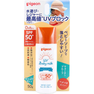 商品説明・仕様 汗や水に強く、効果が長続きするウォータープルーフタイプの日やけ止め(UV耐水性★★)。 水遊びやレジャーなど、より強い紫外線対策に最適なSPF50＋ PA++++です。 ★赤ちゃんのお肌に配慮してつくられたウォータープルーフタイプの日やけ止めです。敏感肌の方にもお使いいただけます。 ●紫外線吸収剤・パラベン・アルコール・香料不使用。 ●皮フ科医による皮フ刺激性テスト済み。 ※すべての方に肌トラブルが起きないというわけではありません。 ★紫外線のダメージからお肌を守り、うるおいキープ。・紫外線の影響で失われがちな保湿成分(セラミドNP・ヒアルロン酸Na)配合で、お肌のうるおいをキープします。・ベタつきにくい。乳液タイプ。普段使っているベビーソープで落とせます。 【化粧品】日やけ止め乳液 顔・からだ用　SPF50+ PA++++ 【成分】ジメチコン、酸化亜鉛、水、イソノナン酸イソトリデシル、ポリメチルシルセスキオキサン、グリセリン、プロパンジオール、酸化チタン、イソステアリン酸イソステアリル、トリエトキシカプリリルシラン、(ビスイソブチルPEG／PPG-10／7／ジメチコン)コポリマー、シクロペンタシロキサン、セスキイソステアリン酸ソルビタン、トリメチルシロキシケイ酸、(ジメチコン／ビニルジメチコン)クロスポリマー、PEG-10ジメチコン、イソステアリン酸、エチルへキシルグリセリン、クエン酸Na、グリコシルトレハロース、グリチルリチン酸2K、セラミドNP、トコフェロール、ヒアルロン酸Na、加水分解水添デンプン、水酸化AL 【ご使用方法】・上下によく振ってから、少量ずつお肌になじませ、白さが残らないように、ムラなくのばしてください。・日やけ止め効果を保つために、2～3時間おきにつけ直してください。汗をかいたり、タオルでふいたり、泳いだあとはつけ直してください。・落とすときは、ベビーソープなどでていねいに洗い流してください。 ウォータープルーフタイプのため、お肌を水に濡らしてしまうと、はじいて落ちにくくなることがあります。その場合はベビーソープなどをガーゼやスポンジにつけ、よく泡立ててからていねいに洗い流してください。 【注意】・肌に異常が生じていないか、よく注意して使用する。・使用中、又は使用した肌に直射日光があたって、赤み・はれ・かゆみ・刺激・色抜け(白斑等)や黒ずみ等の異常が現れた場合は、使用を中止し、皮フ科専門医などへ相談する。そのまま使用を続けると症状が悪化することがある。・傷やはれもの、湿しん等異常のある部位には使用しない。・目に入ったときは、すぐにきれいな水で洗い流す。・乳幼児の手の届かないところに保管する。・極端に高温や低温、多湿な場所、直射日光のあたる場所には保管しない。・衣服についた場合は洗濯表示にしたがって洗濯する。素材によって落ちない可能性もあるので、使用に際しては注意する。 内容量：50g 区分：化粧品 製造国：日本 発売元：ピジョン株式会社 広告文責（有）テクノウエア TEL 06-4307-6393 ※パッケージデザイン・仕様は予告なく変更することがあります。