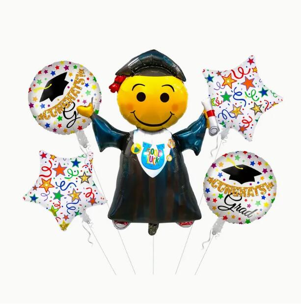 卒業祝いバルーン5個セット - 再利用可能なアルミホイル製、博士号の帽子と星形が含まれており、思い出に残る写真と装飾に最適【ゆうメール等で送料無料1】