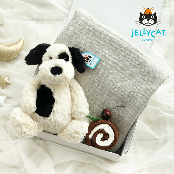 楽天Bebery（ベベリー）楽天市場店【送料無料】 【jellycat ジェリーキャット】バシュフル ブラック＆クリームパピー　お昼寝ギフトセット　（出産祝い 誕生日 誕生祝い ハーフバースデー メモリアル クリスマス お祝い ベビーギフト プレゼント 贈り物 人気 ロイヤルファミリー 1歳 2歳 キッズ）