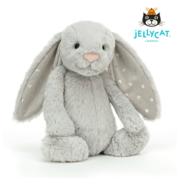 ※クリックすると別ウィンドウで表示されます。【jellycat ジェリーキャット】バシュフル シマーバニー M商品番号：ES0020 ・サイズ：サイズ 全長：約31cm ジェリーキャットは、イギリスを拠点とするぬいぐるみブランドであり、イギリス王室御用達で世界中で人気のぬいぐるみです。魅力1ジェリーキャットのぬいぐるみは、愛らしいデザインが特徴です。ふわふわのファブリックやカラフルな色使い、大きな目など、子供から大人まで幅広い人々を魅了します。魅力2ジェリーキャットのぬいぐるみは、高品質な素材で作られており、柔らかくふわふわした触り心地があります。ぬいぐるみを抱っこすると、心地よい感触が広がります。魅力3ジェリーキャットは、さまざまな種類のぬいぐるみを展開しています。相手に合わせたカラーやアニマルで贈る楽しみにもなります。魅力4ジェリーキャットのぬいぐるみは、丁寧に作られており、耐久性があります。しっかりとした縫製やパーツの取り付けによって、長く愛用することができます。魅力5ジェリーキャットのぬいぐるみは、贈り物としても人気があります。特に子供や赤ちゃんへのギフトとして選ばれることが多く、愛されるアイテムとなっており、出産祝いはもちろん誕生日プレゼントやハーフバースデーなど様々な用途で選ばれています。【ジェリーキャット　バシュフルシマーバニー】★日本先行販売★大きな耳に、キラキラ光る星が散りばめられているデザインが大人気のバニーに日本先行販売のカラーが登場！シルバーカラーの落ち着いた色合いが、ママ達の間でも話題に♪現在、日本国内でしか手に入らないため、プレゼントやお祝いにおすすめです。また、Mサイズのぬいぐるみは全長約31cmでベビーが抱っこしやすい大きさ。お子さまの成長が分かるマンスリーフォトの相棒にも最適！毎月一緒に写真を撮るのもおすすめです♪ 大人気のジェリーキャット＼　シリーズはコチラ！！　／ バシュフル シルバーバニー M バシュフル モンキーー M バシュフル ラム M バシュフル ライオン M バシュフル トゥインクルバニー M バシュフル タフィーパピー M ご注意※こちらは、座るタイプのぬいぐるみです。自立はしません。※こちらの商品は【のし対象外】です。 「あす楽」ご注文方法 「あす楽」ご利用の際の注意点 あす楽商品ご注文は、早急に発送のご準備にとりかかりますため、キャンセル・追加・各種ご変更を承ることができません。 12時以降のご注文および、弊社休業日のご注文に関しましては翌営業日の発送となります。あらかじめご了承ください。 お届け時間のご指定はできません。 ご注文内容に不備など確認事項がある場合、確認完了後の発送となります。