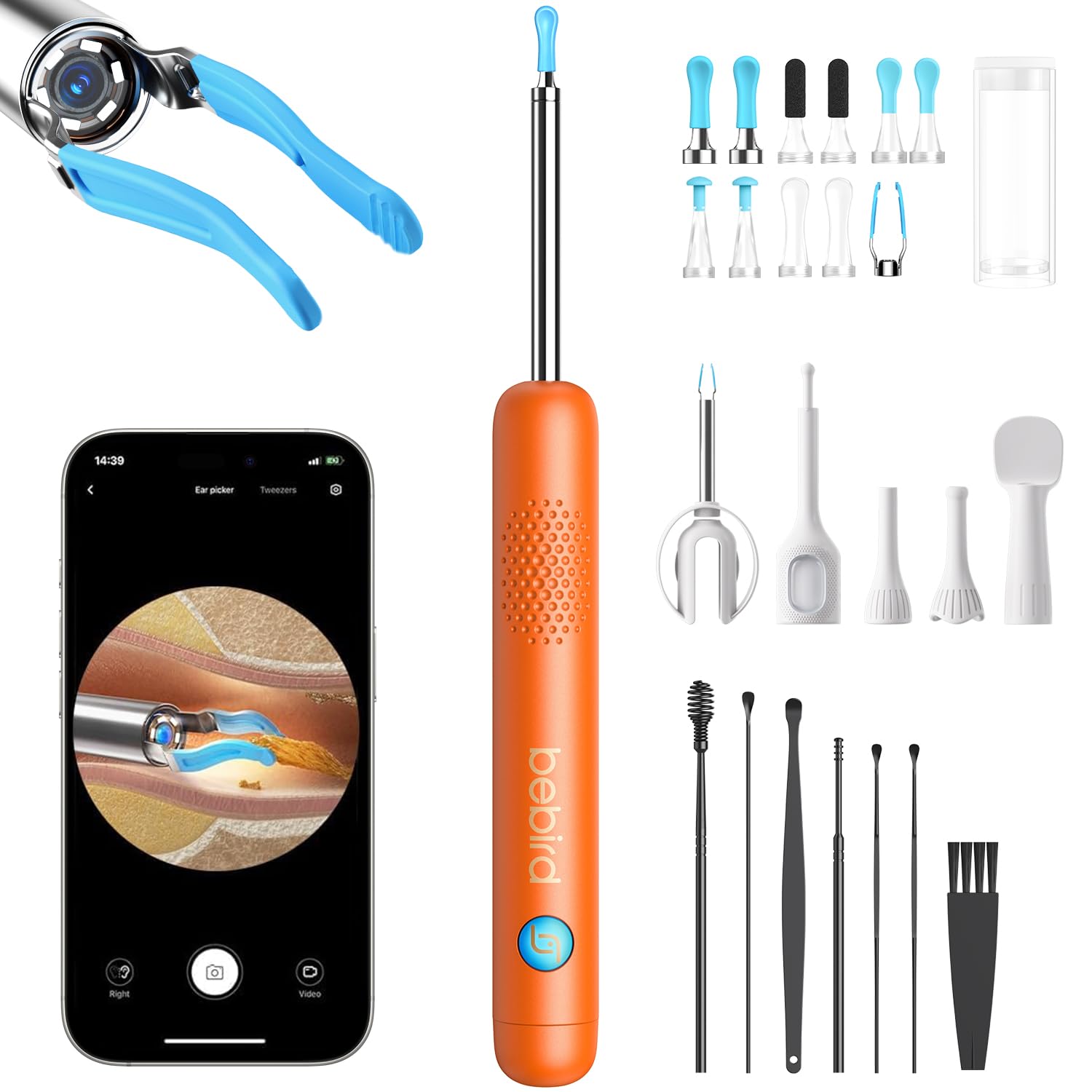 ＜Point UP+3%割引＞BEBIRD 25点セット【耳鼻科医師推奨◆耳口鼻観察◆点薬補助具付き】カメラ付き耳かき 1080P画質強化処理 3.1mm極細 39.3mm極長 明るさ調節可能 LED ライト付き ピンセット付き IP67防水 耳垢取り 耳掃除 イヤースコープ 子供 大人 技適マーク取得済