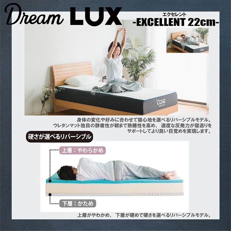 マットレス シングル 厚み22cm リバーシブル 硬め 柔らかめ 選べる 高耐久性 カバーリング 洗える 清潔 寝心地 寝返り サポート 抗菌 防臭 防カビ ニット生地 ベッドマット Sサイズ Dream LUX(代引不可)【送料無料】 [3]