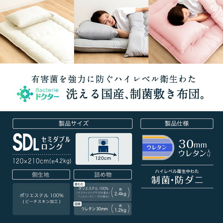 洗える 制菌 敷布団 セミダブルロング 日本製 制菌 敷き布団(ウレタン入り) セミダブル ロング 国産 病院仕様 制菌敷き布団 殺菌 防ダニ(代引不可)【送料無料】 [2]