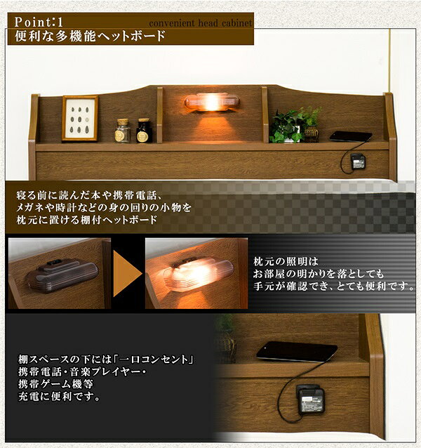 ベッド セミダブル 棚 照明 コンセント付き ロータイプ フロアベッド ボンネルコイルマットレス付(代引不可)【送料無料】