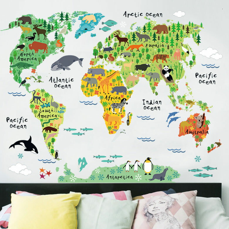 ウォールステッカー 世界地図 地図 動物 子供部屋 英字 ウォールシール 英文 壁紙 かわいい 子供 アジアン アルファベット 子供 海 シール シマウマ