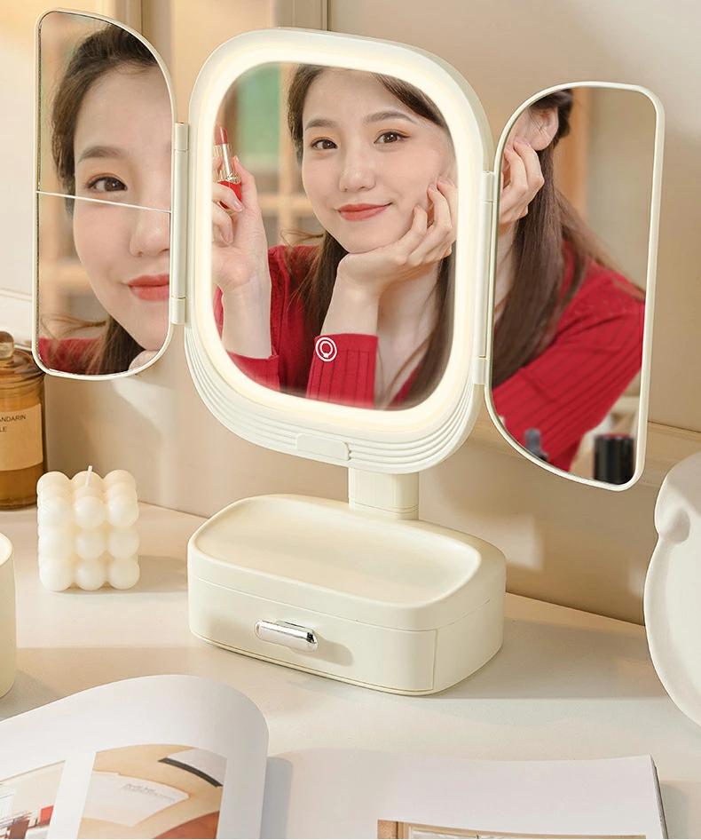 スタンドミラー ミラー/鏡 鏡 高品質 卓上ミラー 折り畳み式 三面化粧鏡 かがみ スタンド メイク 2倍 3..