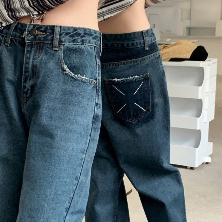 Straight Jeans - ハイウェスト デニムパンツ ロングパンツ ファッション 着痩せ効果 パンツ ストレート　長ズボン デニム