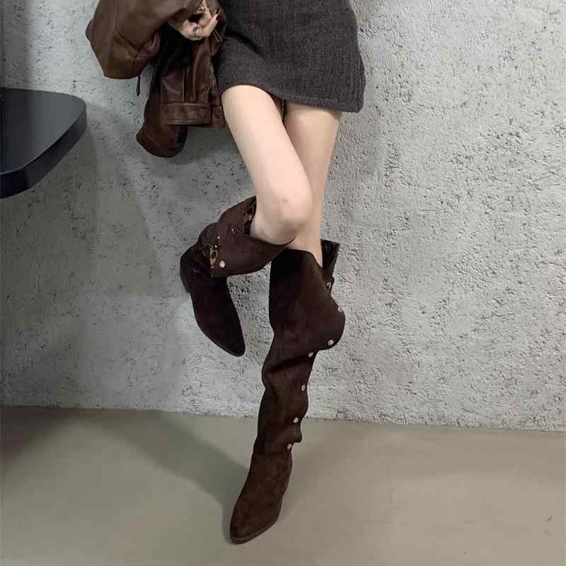 ブーツ レディース 女性用 ウェスタン カウボーイ ルーズ シャーリングブーツ 2WAY ポインテッドトゥ ロング丈 ニーハイ ミドル丈 太ヒール チャンキーヒール ジョッキーブーツ ブラック ブラウン カーキ