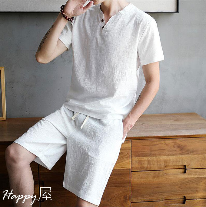 セットアップ 綿麻 上下セットメンズ サルエルパンツ 上下 ルームウェア 半袖 薄手 Tシャツ ハーフパンツ ゆったり 通気性部屋着 夏新作 送料無料 3