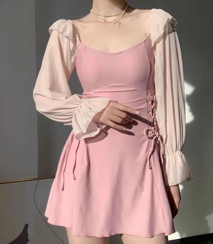 ワンピース 水着 レディース かわいい 夏 プール ビーチ ピンク ブラック 黒 カジュアル 長袖 スカート フェアリー