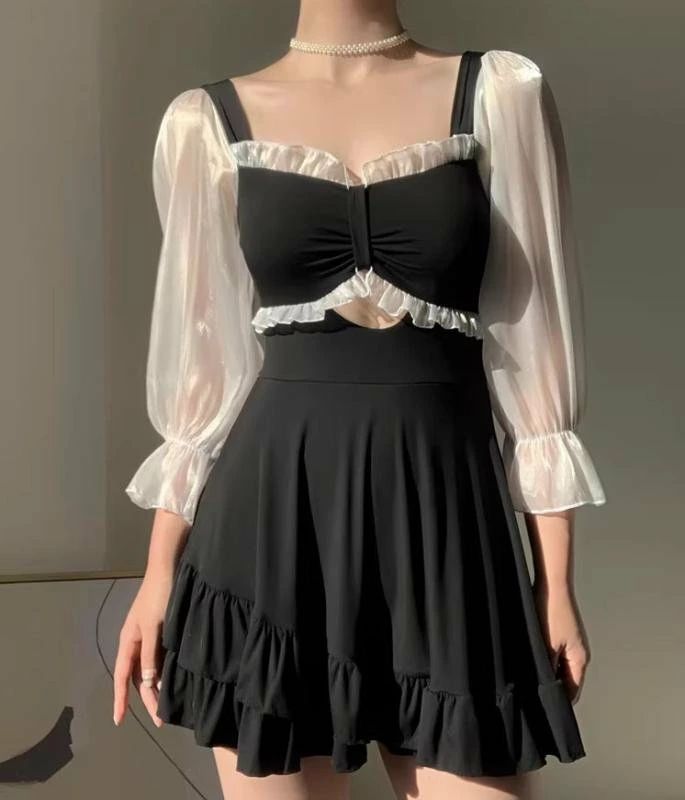 ワンピース 水着 レディース かわいい 夏 プール ビーチ カジュアル 長袖 フェアリー ウエストカバー スカート