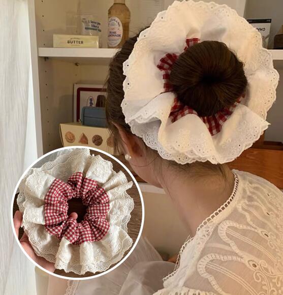 シュシュ ヘアアクセサリー ヘアゴム チェック柄 レース シュシュ ヘアアクセ シンプル 大人 子ども 簡..