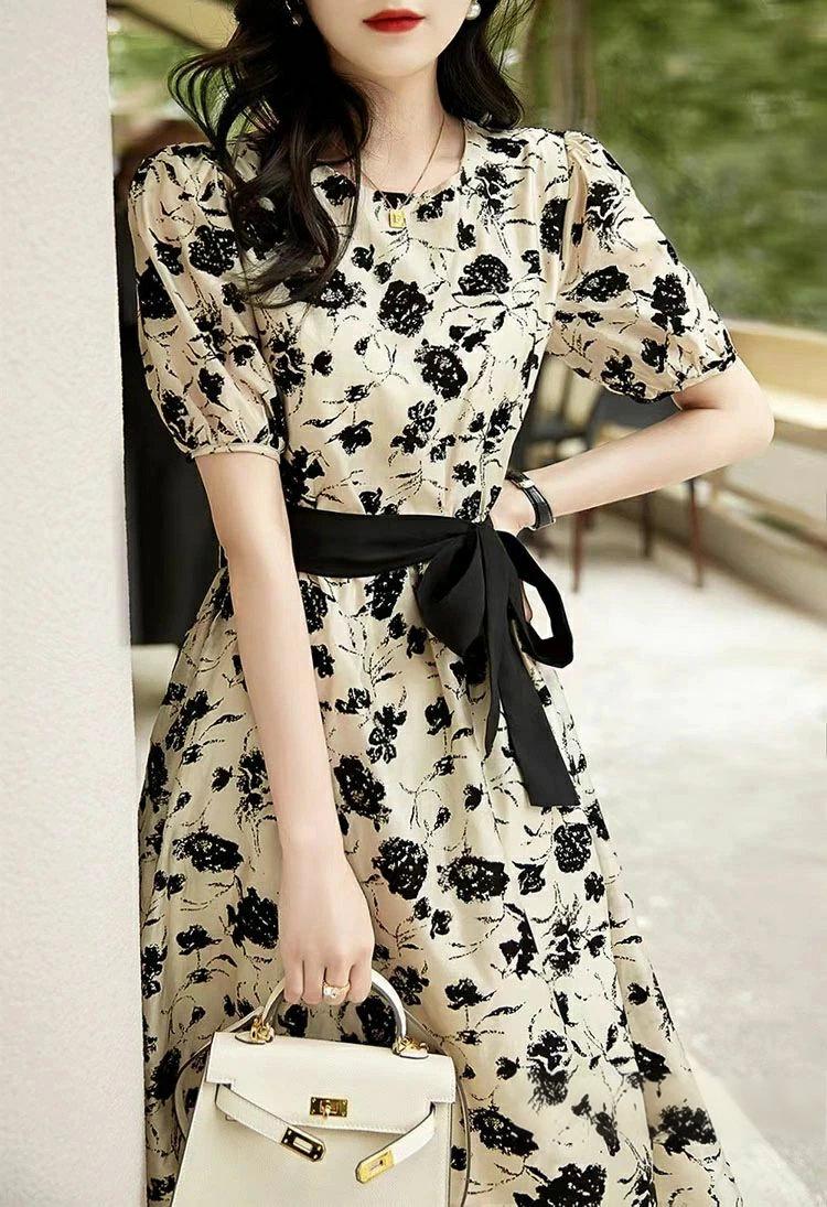 きれいめ ミモレ丈 半袖 総柄 パーティー 二次会 きれいめ 30代 40代 50代 おしゃれ 大人可愛 Aラインワンピース フレアスカート