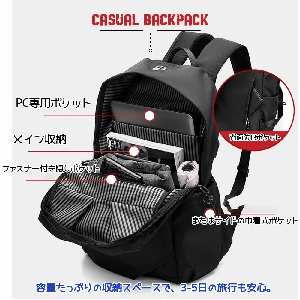 バックパック リュックサック 防水 大容量 多機能ポケット 外部充電ポート スーツ...